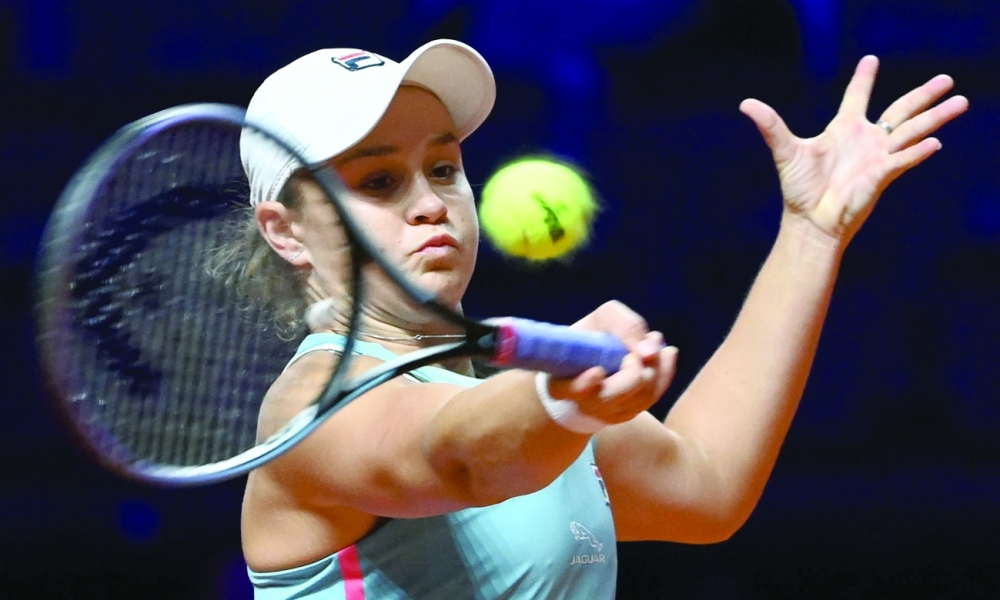 Australia's Ashleigh Barty returns the ball during her singles final match against Belarus' Aryna Sabalenka (not in picture) of the Women's Tennis Grand Prix WTA 500 tournament in Stuttgart, southwestern Germany, on April 25, 2021. / AFP / POOL / Marijan Murat

