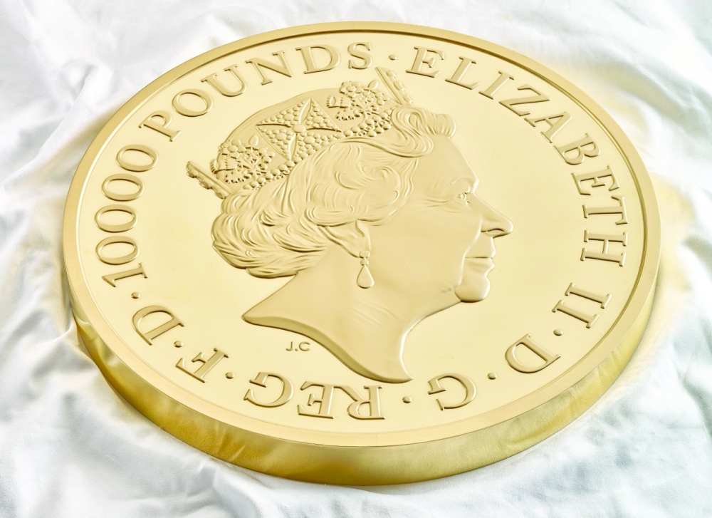 A 10-kilogram commemorative gold coin marking the conclusion of the Queen's Beasts collection is pictured at The Royal Mint, South Wales. - Reuters