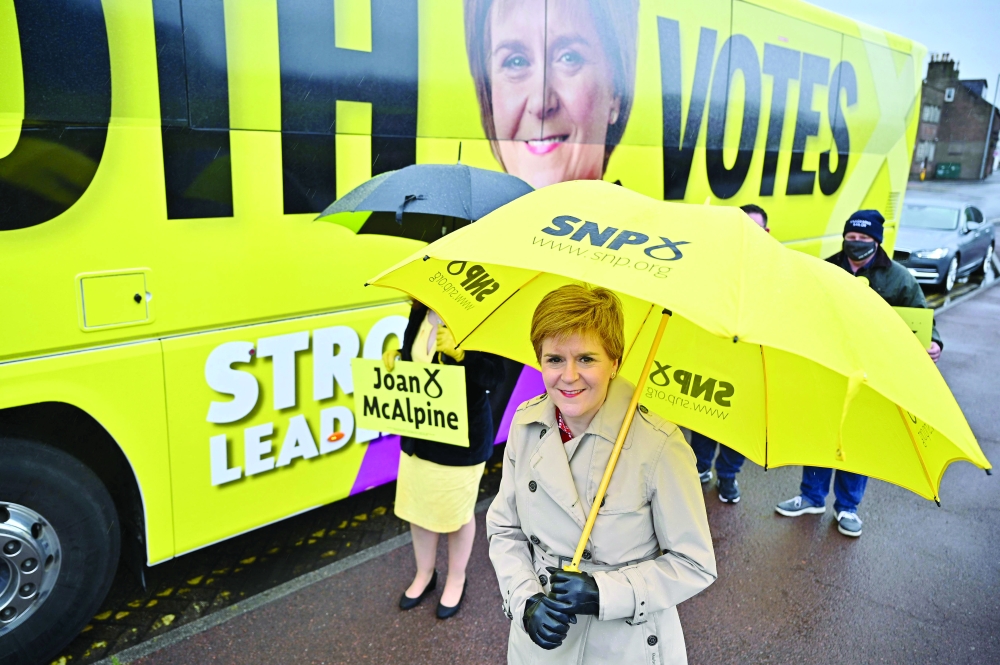 Scotland's First Minister and leader of the Scottish National Party Nicola Sturgeon campaigns in Dumfrieshire, ahead of the upcoming Scottish Parliament election to be held on May 6. - AFP 