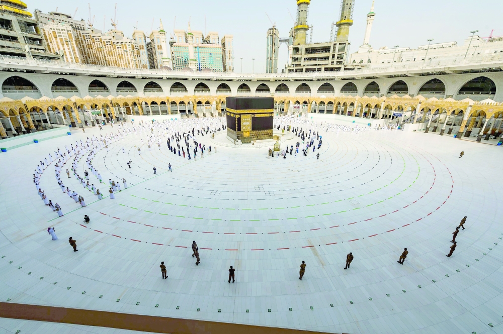 General view of Kaaba as pilgrims wearing face masks and keeping social distance pray facing Kaaba during the annual Haj pilgrimage amid the Covid-19 pandemic, in the holy city of Mecca, on July 31, 2020. - Reuters file photo