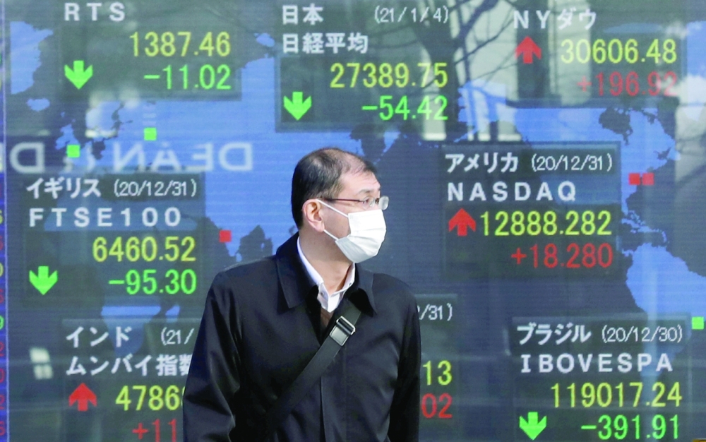 A man wearing a facial mask, following the coronavirus disease outbreak, stands in front of an electric board showing Nikkei and other countries stock index outside a brokerage at a business district in Tokyo. - Reuters