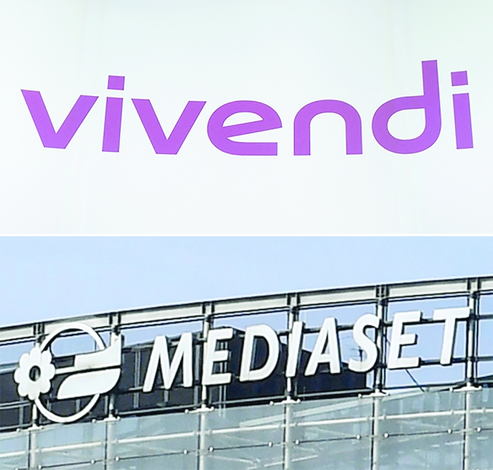 A combination of two files pictures shows the logo of French media group Vivendi and the logo of Italian-based mass media company Mediaset Group. - AFP 