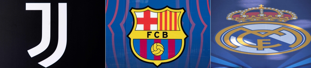 (COMBO) This combination of file pictures made on May 8, 2021, shows the logos of the following European football clubs: (L-R) uventus Italian Serie A football club on April 21, 2021 at the Juventus stadium in Turin; Spanish football club Barcelona's logo at the Camp Nou stadium in Barcelona, on April 19, 2021, Spanish football club Real Madrid's logo at the Olympic Stadium in Kiev, on May 26, 2018.    Real Madrid, Barcelona and Juventus on May 8, 2021 defended the aborted Super League project after the nine other clubs agreed to pay a financial penalty to UEFA for their involvement. The three clubs said they had received "unacceptable" threats from UEFA and FIFA since the project collapsed just two days after it was announced last month, when six Premier League clubs and three other teams pulled out.
 / AFP / Marco BERTORELLO

