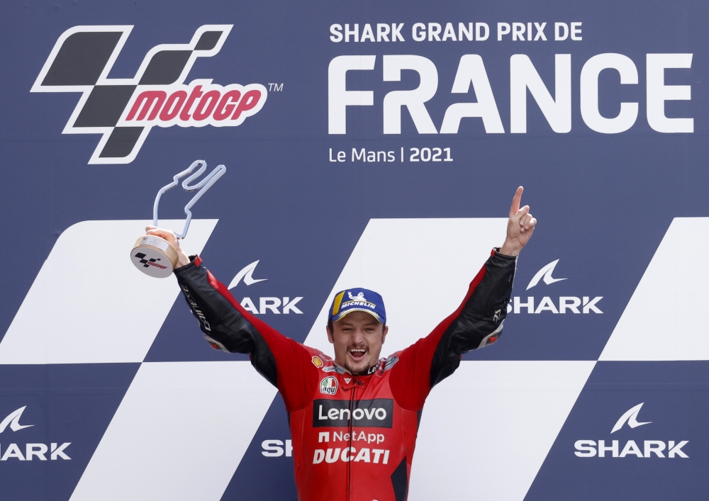Ducati Lenovo Team's Jack Miller celebrates after winning the French MotoGP race at Le Mans. -- Reuters