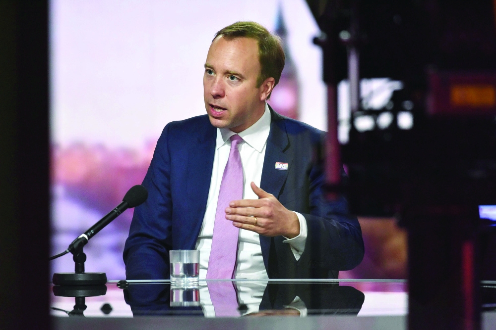 Britain's Health Secretary Matt Hancock appears on BBC TV's The Andrew Marr Show in London. - Reuters