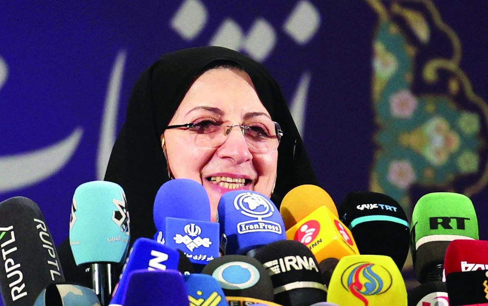 Zahra Shojaei, an Iranian politician and former advisor on women's affairs under President Khatami, speaks to media after registering her candidacy for Iran's presidential elections, in Tehran. - AFP 