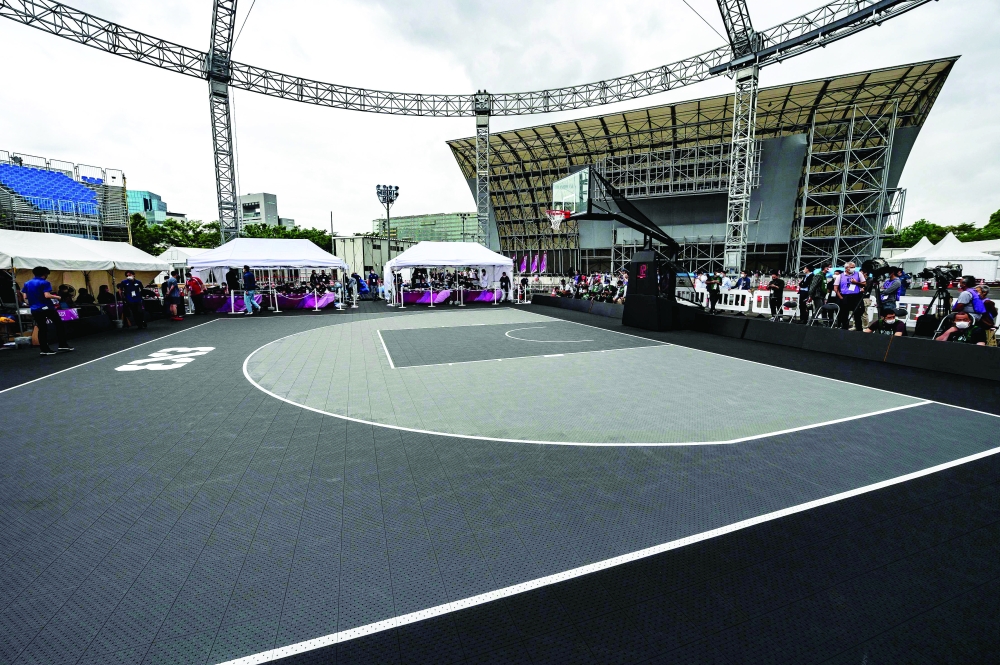 A general view shows the basketball court during a 3X3 basketball test event for the 2020 Tokyo Olympics at Aomi Urban Sports Park in Tokyo. -- AFP