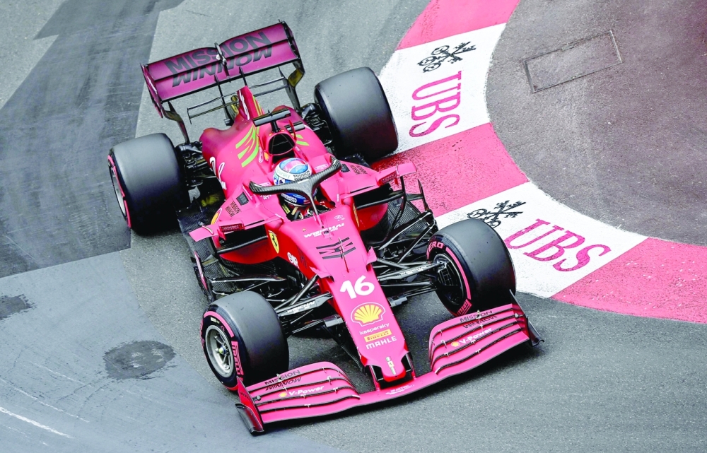 Ferrari’s Monegasque driver Charles Leclerc drives during the third practice session at the Monaco street circuit in Monaco. — AFP