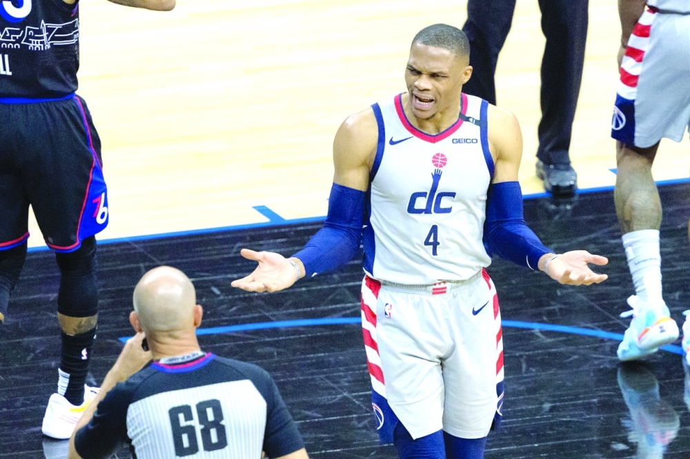Washington Wizards' Russell Westbrook (4) argues a call with referee Jacyn Goble (68) during the game against the Philadelphia 76ers. -- USA Today Sports
