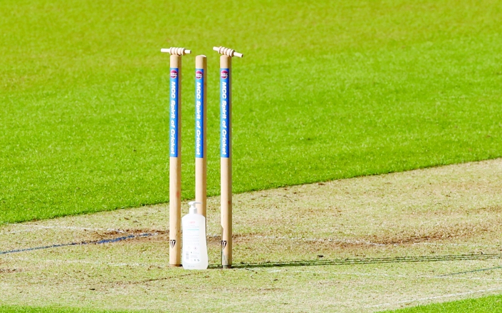 General view of an antibacterial gel dispenser next to the stumps at the Lord's Cricket Ground, London. -- Reuters