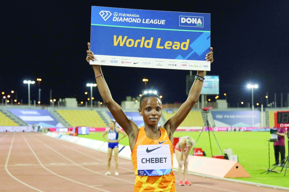 Kenya's Beatrice Chebet celebrates after setting a World Lead in the women's 3000m final. -- AFP