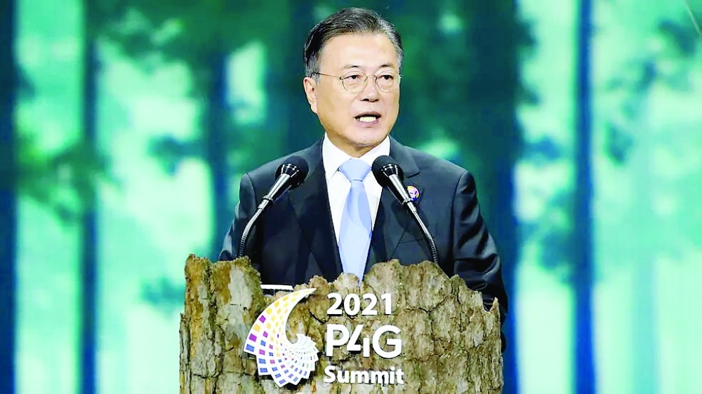 South Korean President Moon Jae-in addressing the opening session of the Partnering for Green Growth and the Global Goals 2030, or P4G, summit virtually by South Korea. - AFP
