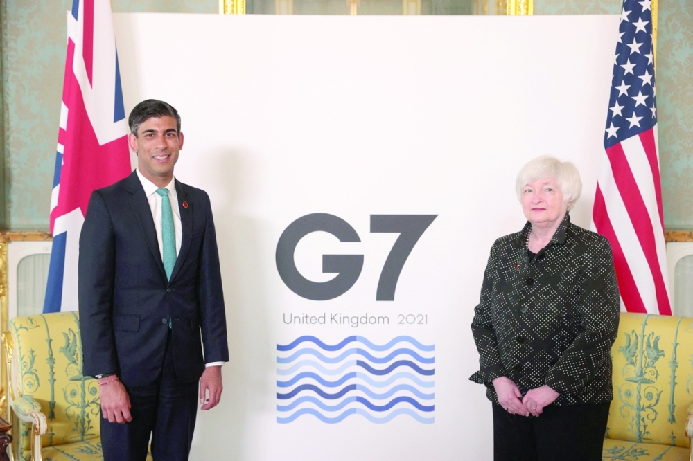 Britain's Chancellor of the Exchequer Rishi Sunak with US Treasury Secretary Janet Yellen, at Lancaster House in London on the eve of the G7 Finance Ministers Meeting. - AFP