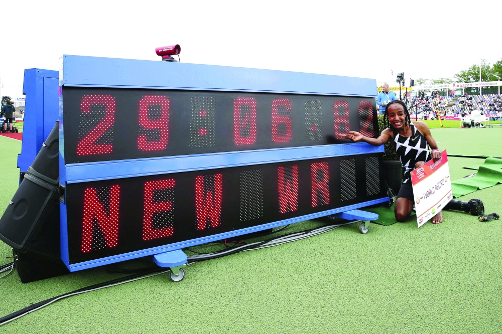 Dutch athlete Sifan Hassan wins the women's 10,000m during the FBK Games and sets new women's 10,000m world record in Hengelo. -- AFP