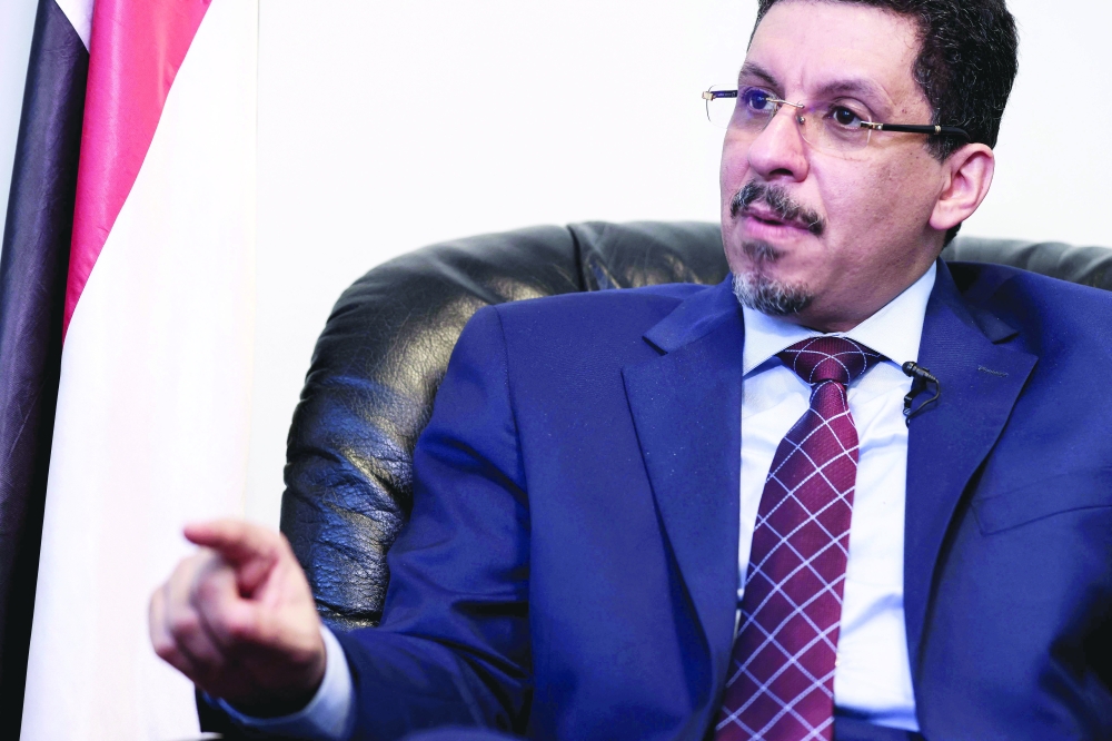 Yemeni Foreign Minister Ahmad Awad Bin Mubarak speaks during an interview at Yemen embassy in Brussels. - AFP 