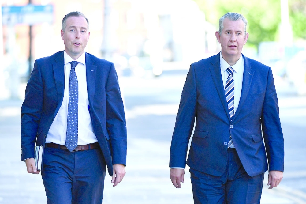 Leader of the Democratic Unionist Party Edwin Poots and Paul Givan arrive at Government Buildings in Dublin. - Reuters 