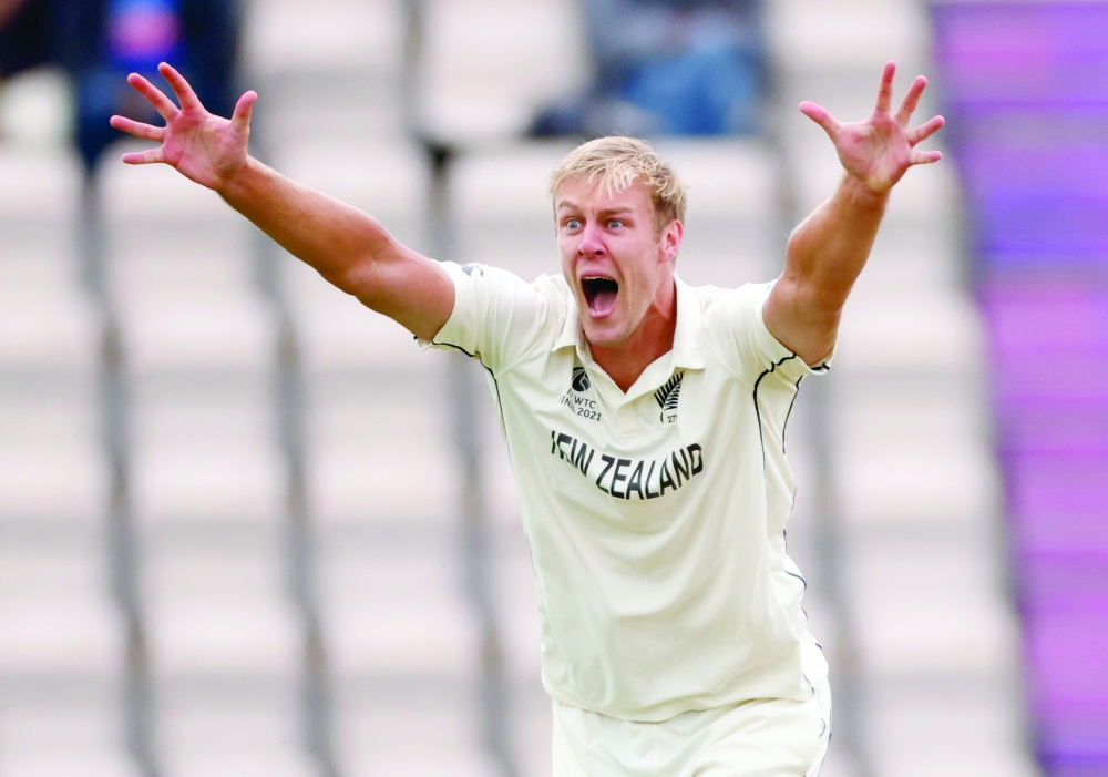 New Zealand's Kyle Jamieson appeals successfully for the wicket of India's Virat Kohli. -- Reuters