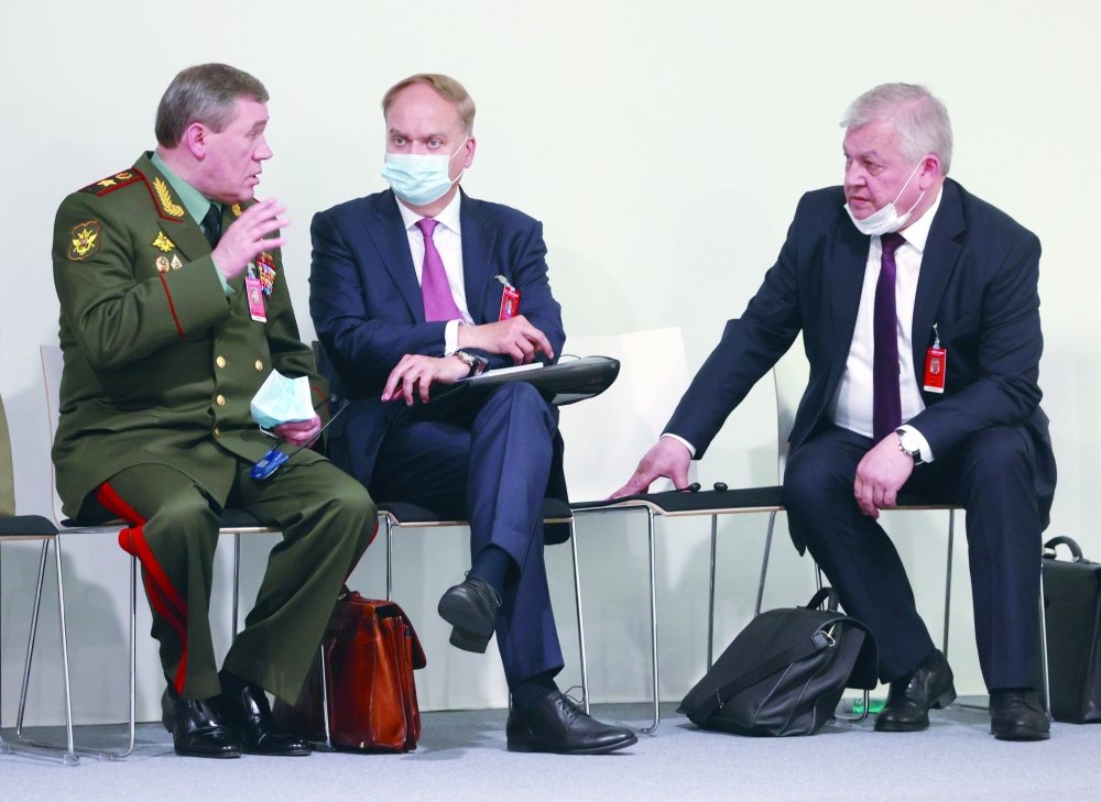 (L to R) Chief of the General Staff of Russian Armed Forces Valery Gerasimov, Russia's ambassador to the United States, Anatoly Antonov and Russia's Special Envoy to Syria Alexander Lavrentiev talk before Vladimir Putin news conference after the U.S.-Russia summit, in Geneva. Reuters file photo