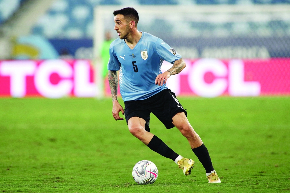 Uruguay's Matias Vecino controls the ball during the Conmebol Copa America 2021 group phase match. -- AFP