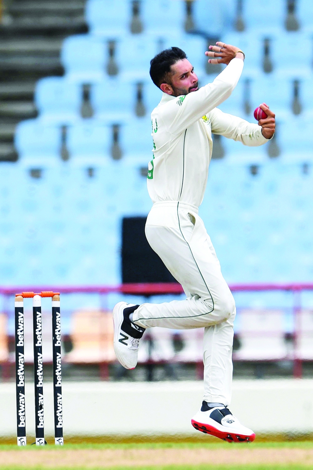 Keshav Maharaj of South Africa bowls during day 4 of the second Test against the West Indies. -- AFP
