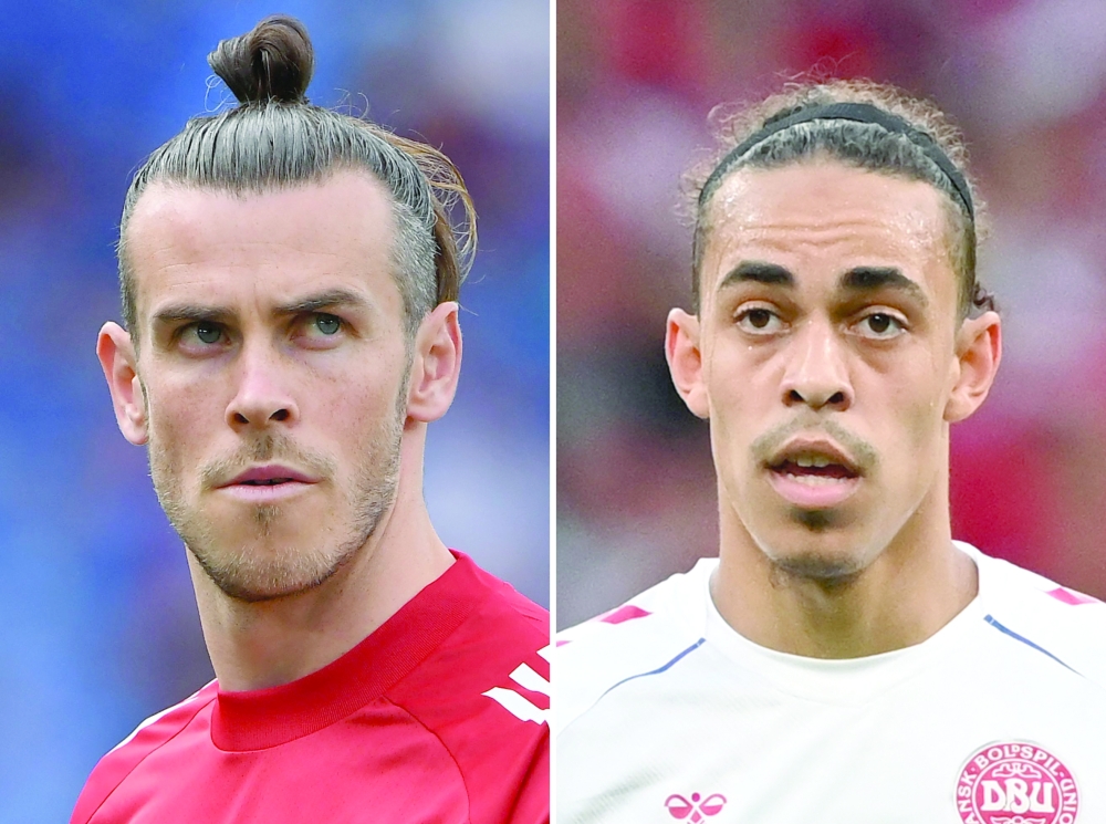 A combination of file pictures created on June 24, 2021 shows Wales' forward Gareth Bale (L) and Denmark's forward Yussuf Poulsen. -- AFP