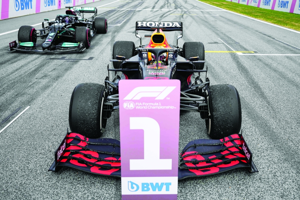 Winner Red Bull's Dutch driver Max Verstappen takes his position after the Formula One Styrian Grand Prix at the Red Bull Ring race track in Spielberg, Austria, on June 27, 2021. / AFP / POOL / Darko Vojinovic

