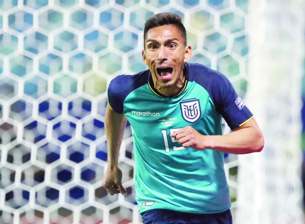 Ecuador's Angel Mena celebrates scoring their first goal. --Reuters