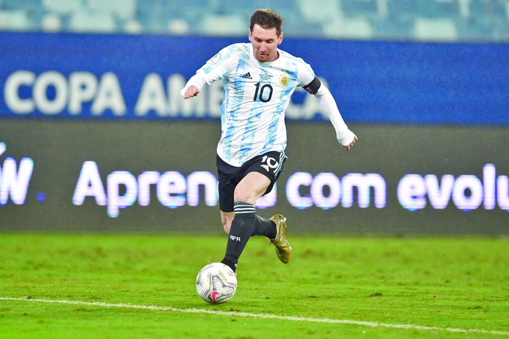 Argentina's Lionel Messi drives the ball during the Conmebol Copa America 2021 tournament. -- AFP