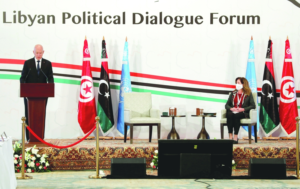 Tunisia's President Kais Saied speaks as Deputy Special Representative of the UN Secretary-General for Political Affairs in Libya Stephanie Williams listens during the Libyan Political Dialogue Forum in Tunis. - Reuters File Photo
