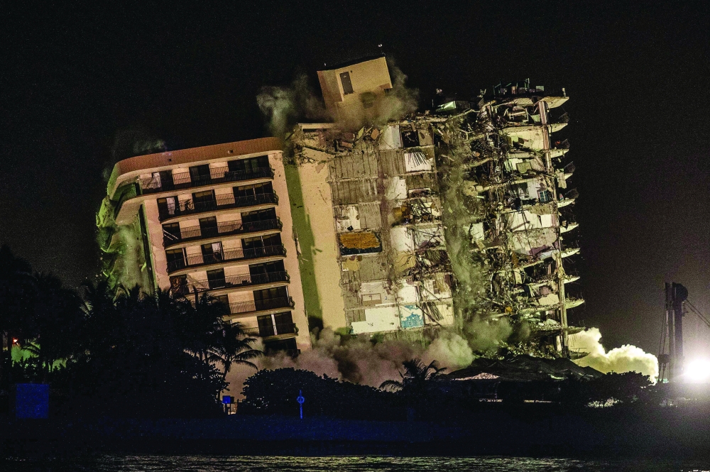 The rest of the Champlain South tower is demolished with a controlled explosion in Surfside. -- AFP