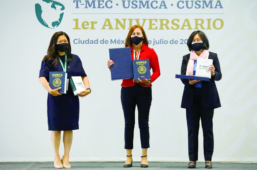 US Trade Representative Katherine Tai, Mexican Economy Minister Tatiana Clouthier and Canadian Minister of Small Business, Export Promotion and International Trade Mary Ng attend an event to commemorate the first anniversary of the entry-into-force of the US-Mexico-Canada Agreement in Mexico City. - Reuters 