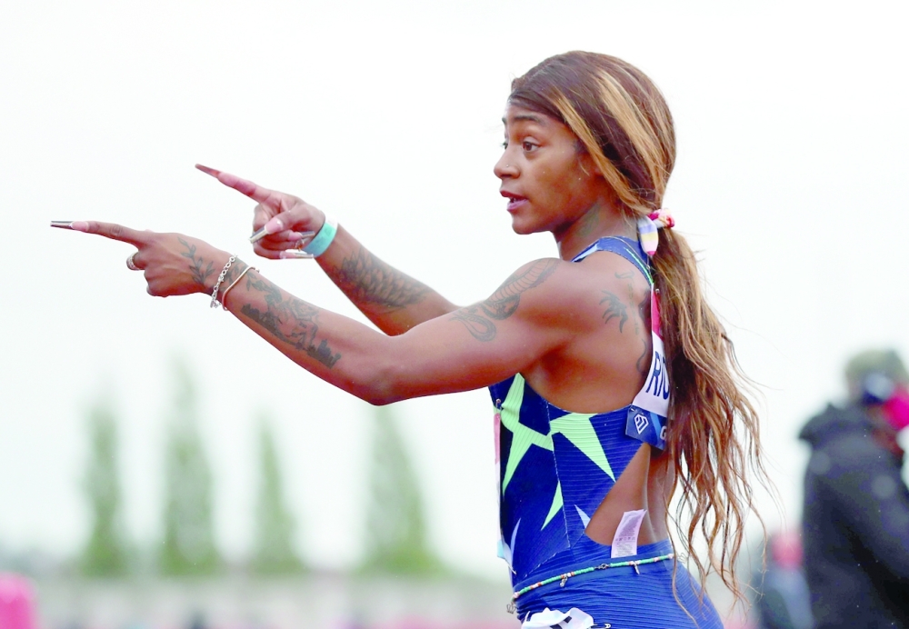 Sha'Carri Richardson of the US celebrates winning her women's 100m heat at Gateshead Diamond League. -- Reuters