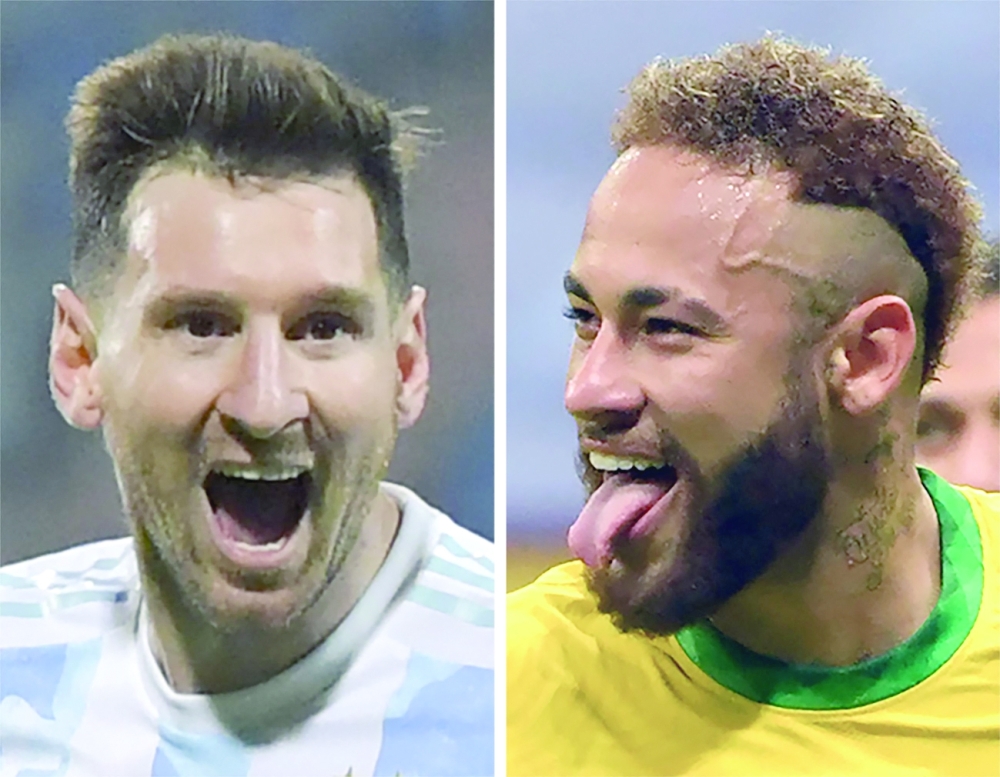 A combination of file pictures created on July 9, 2021 shows Argentina's Lionel Messi (L) celebrating after scoring against Ecuador. -- AFP