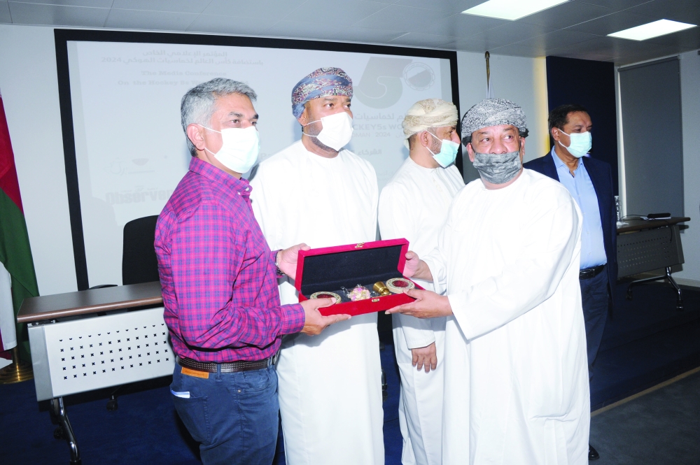 Dignitaries at the press conference. -- Saleh al Sharji