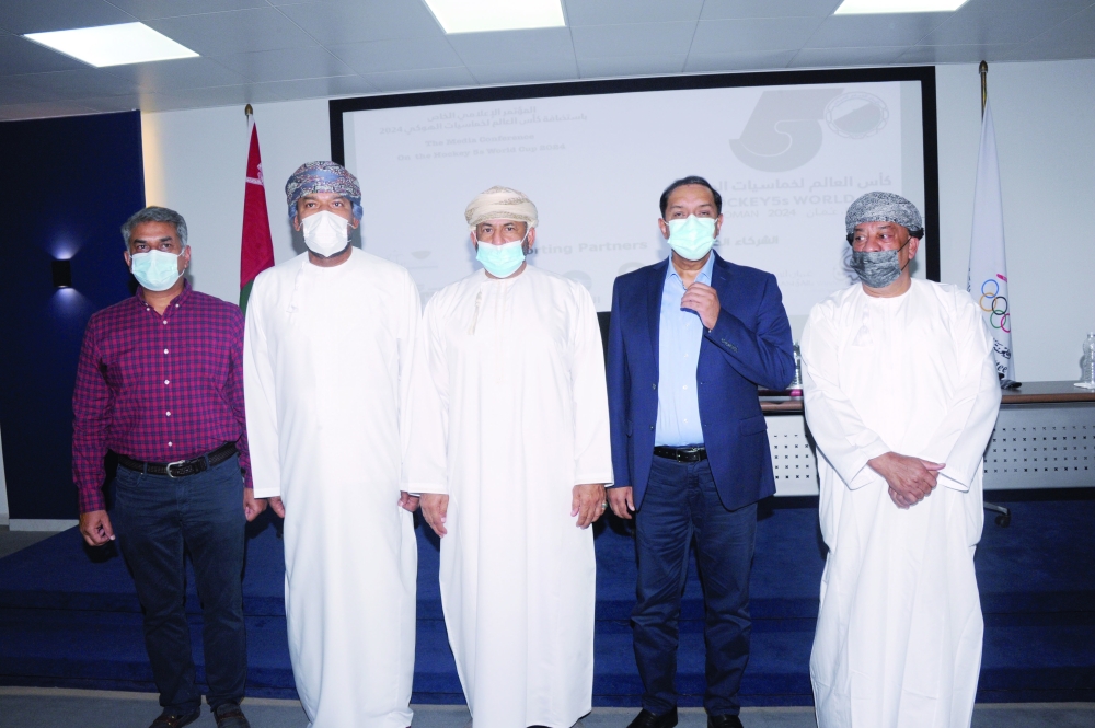 Dignitaries at the press conference. -- Saleh al Sharji