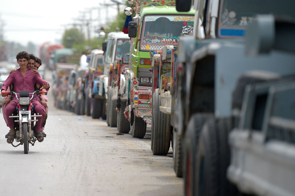 Trucks parked outside the Islamabad Dry Port in Islamabad.  