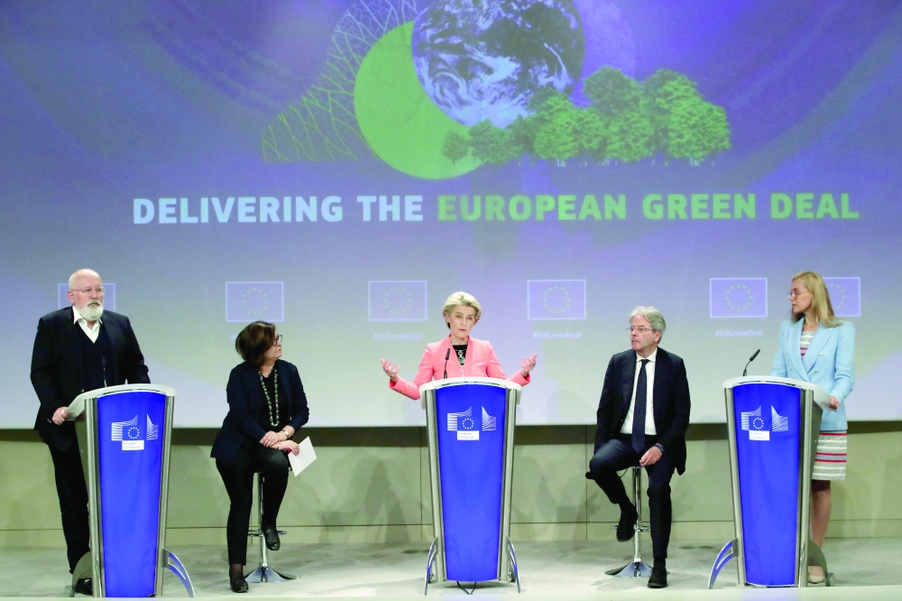 European Commission President Ursula von der Leyen gestures as presents the EU's new climate policy proposals with Vice-President Frans Timmermans and EU Commissioners Kadri Simson, Paolo Gentiloni, Adina-Ioana Valean, in Brussels on Wednesday. -- Reuters