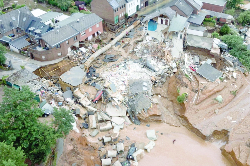 Aerial view shows an area completely destroyed by the floods in the Blessem district of Erftstadt, western Germany. - AFP 