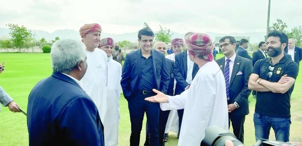BCCI President Sourav Ganguly and Oman Cricket Chairman Pankaj Khimji interact at the Al Amerat Ground. -- Pics by Anuroop Athiparambath
