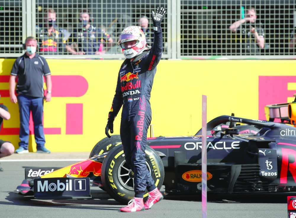 Red Bull's Max Verstappen celebrates after winning the qualifying sprint for British GP at Silverstone Circuit. -- Reuters