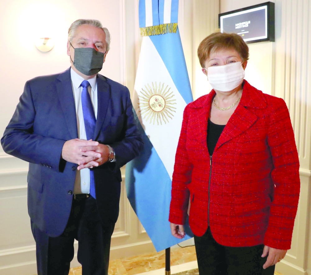 Argentina's President Alberto Fernandez poses next to IMF Managing Director Kristalina Georgieva, at the Sofitel hotel in Rome, in this file photo. — Reuters