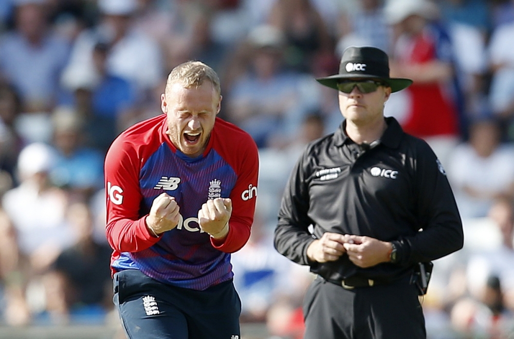 jEngland's Matt Parkinson celebrates taking the wicket of Pakistan's Azam Khan. -- Reuters