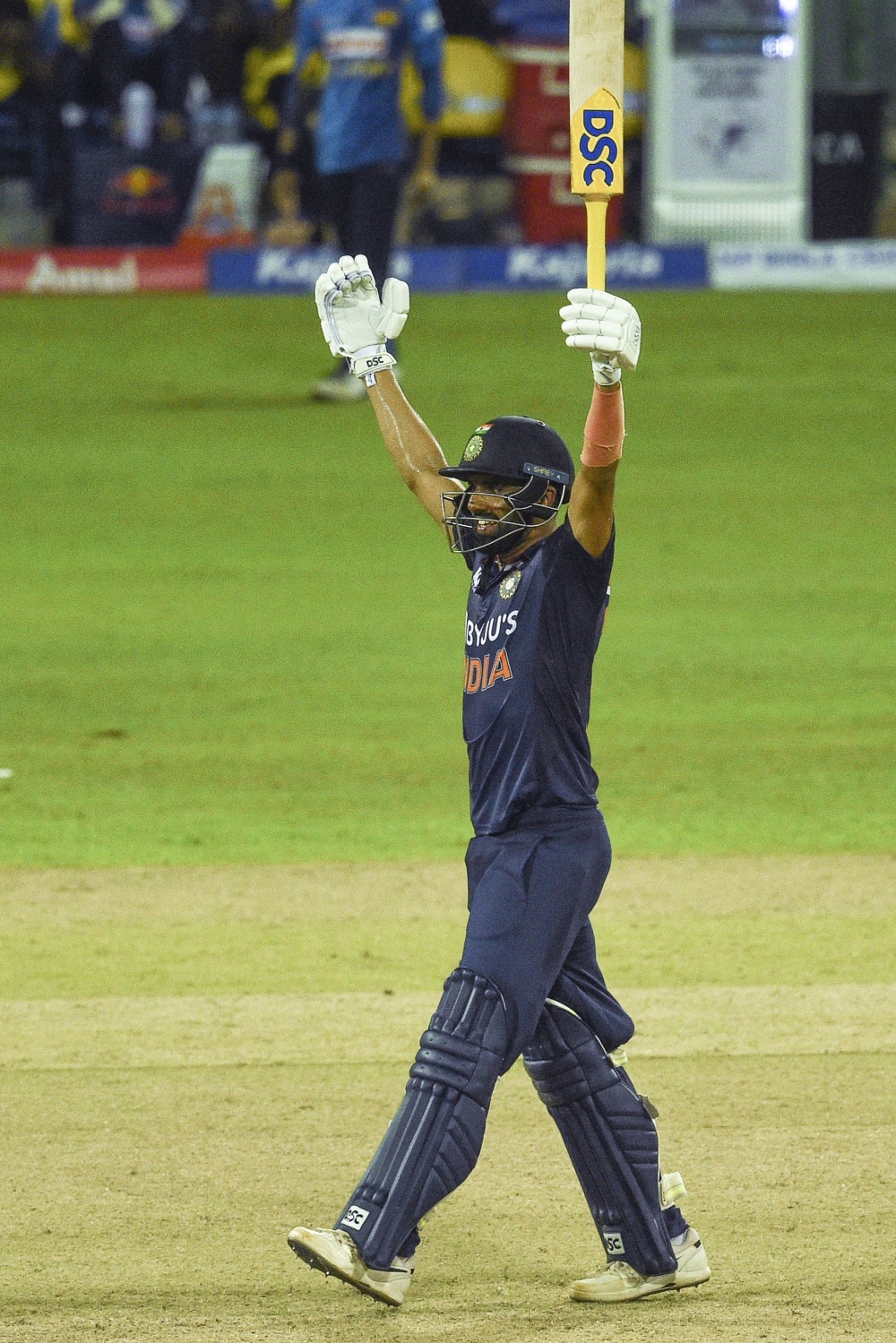 India's Deepak Chahar celebrates after India defeated Sri Lanka by 3 wickets in their second ODI in Colombo. -- AFP