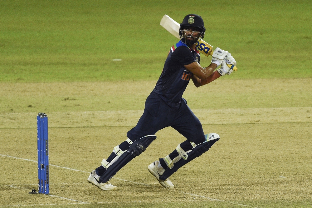 India's Deepak Chahar plays a shot. -- AFP 