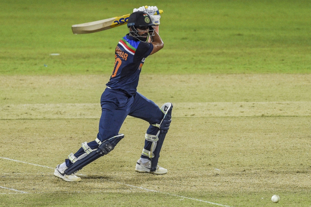 India's Deepak Chahar plays a shot. -- AFP