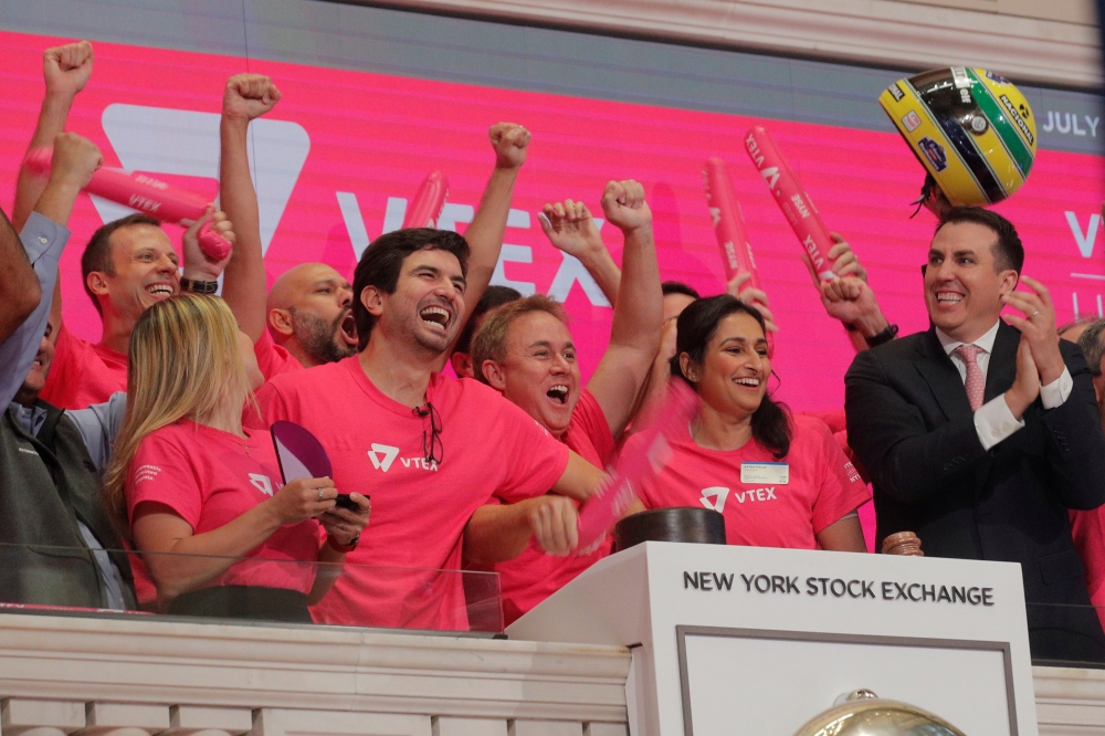 Geraldo Thomaz and Mariano Gomide De Faria, Co-CEOs of VTEX Brazil's digital commerce company, ring the opening bell to celebrate the company's IPO at the New York Stock Exchange in New York. - Reuters