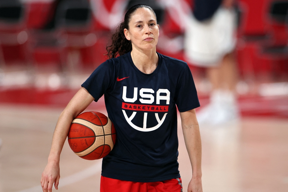 USA's basketball player Sue Bird attends a training session during the Tokyo 2020 Olympic Games at the Saitama Super Arena in Saitama on July 24, 2021.