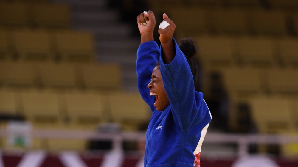 Sarah Leonie Cysique of France celebrates after winning REUTERS/Annegret Hilse
