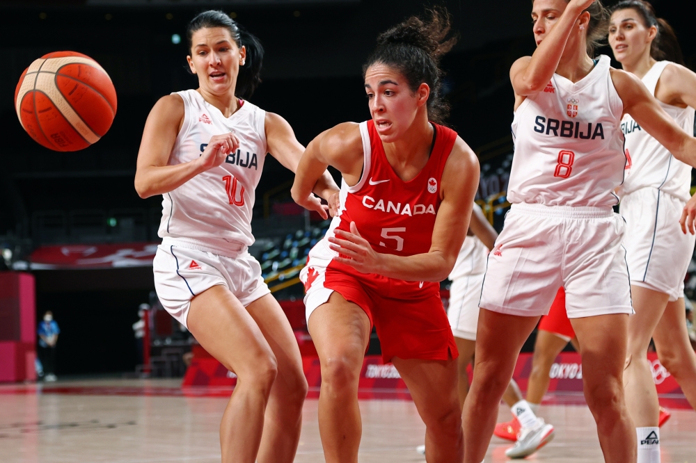 Kia Nurse of Canada in action with Dajana Butulija of Serbia and Nevena Jovanovic of Serbia 