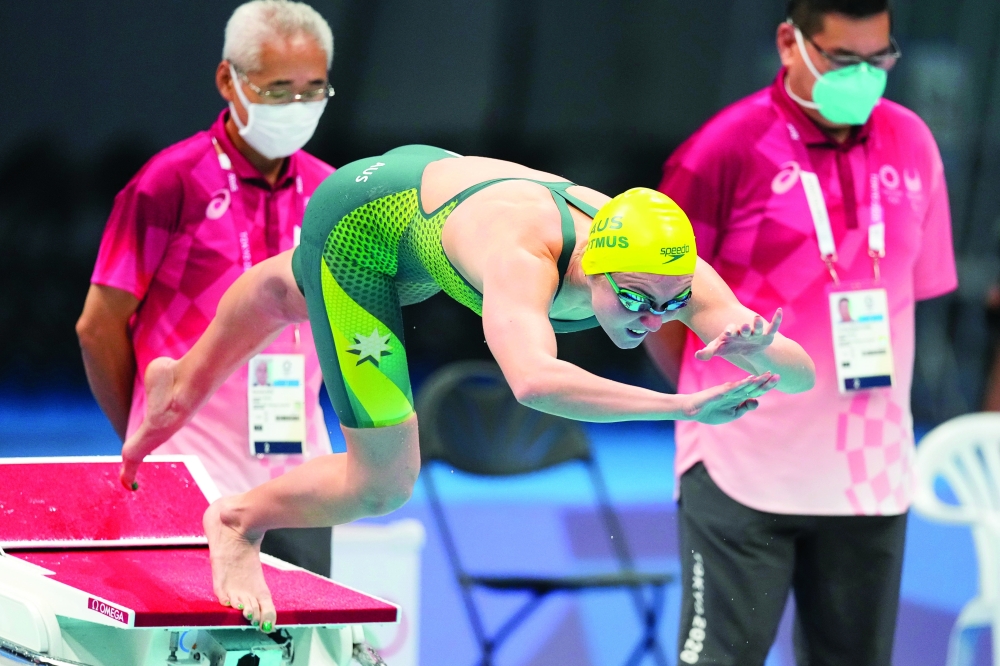 Ariarne Titmus of Australia starts off in women's 200m freestyle swimming. -- Reuters